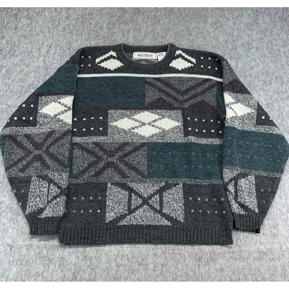 VTG Method Sweater WOOL Blend Mens Grandpa Cosby Style Pullover Size L 46" Chest